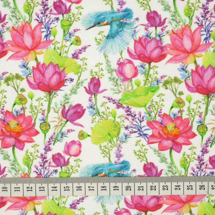 MINI KINGFISHERS AND POPPIES (KINGFISHERS IN THE MEADOW) / white - Viscose jersey