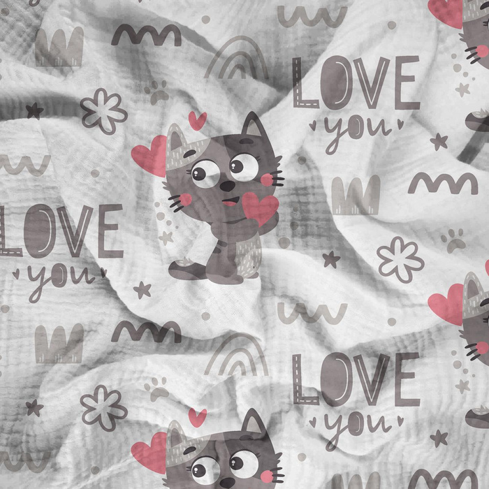 KATZEN / love you (KATZENWELT) / weiß - Baumwoll Musselin