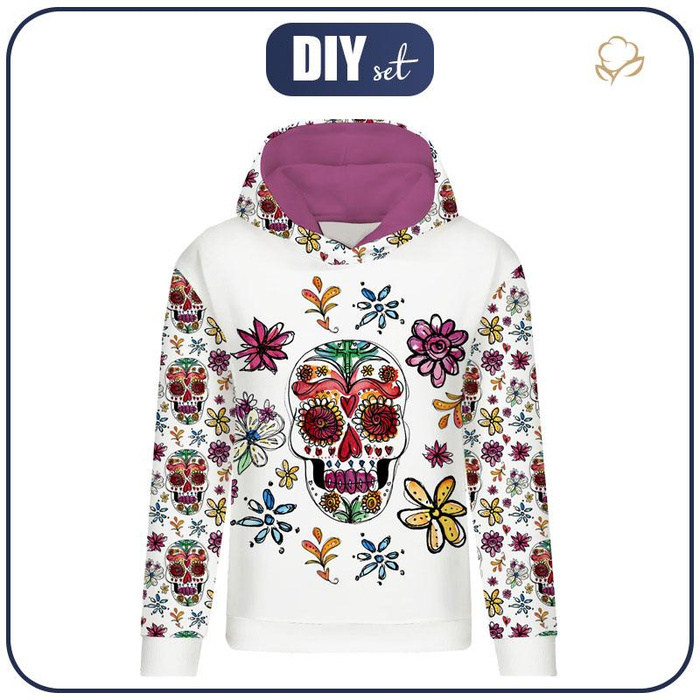 CLASSIC WOMEN’S HOODIE (POLA) - SKULLS pat. 2 / white (DIA DE LOS MUERTOS) - looped knit fabric - XXL