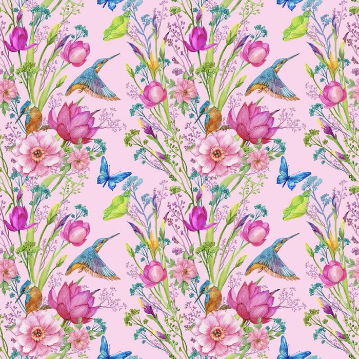 MINI KINGFISHERS AND BUTTERFLIES (KINGFISHERS IN THE MEADOW) / pink - Cotton woven fabric
