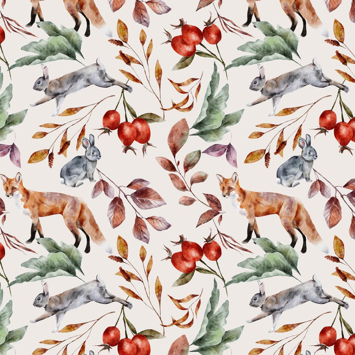 FOREST ANIMALS PAT. 2 / WHITE (COLORFUL AUTUMN) - Cotton woven fabric