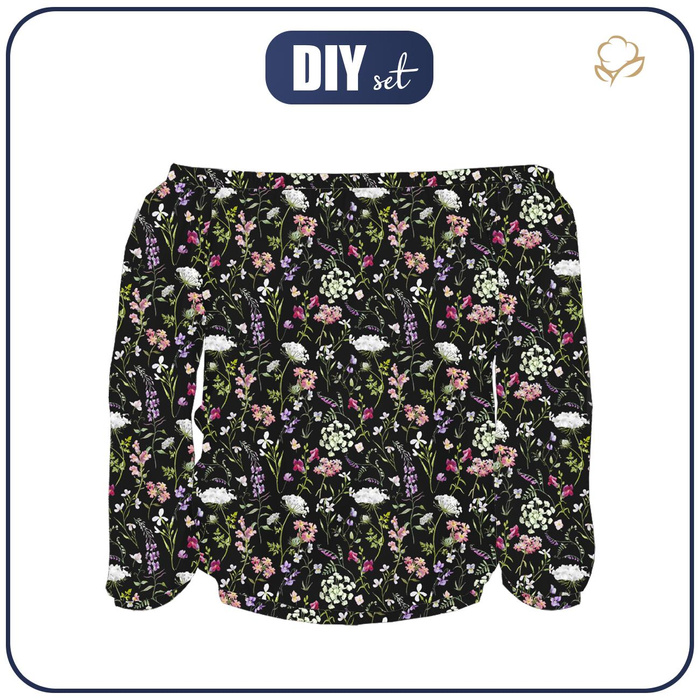 Carmenausschnitt Bluse (SOFIA) - PASTELL BLUMEN / schwarz - Nähset S