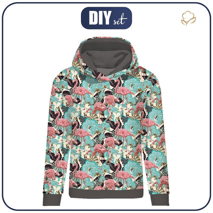 CLASSIC WOMEN’S HOODIE (POLA) - FLAMINGOS AND  MONSTERAS - looped knit fabric - L