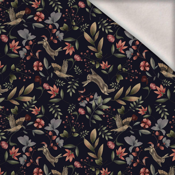 HARES AND BIRDS (INTO THE WOODS) DARK BLUE - teplákovina počesaná s elastanem ITY