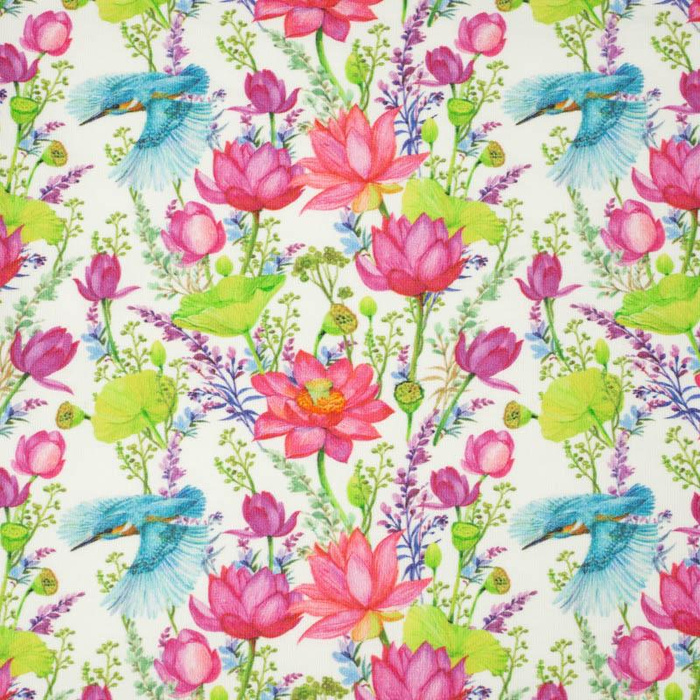 MINI EISVÖGEL UND MOHNBLUMEN (EISVÖGEL AUF DER WIESE) / weiß - Webware für Tischdecken