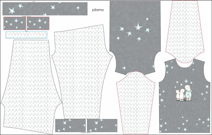 CHILDREN'S PAJAMAS " MIKI" - TEDDIES AND STARS / acid grey (MAGICAL CHRISTMAS FOREST) - Elastic cotton knit fabric (134/140)