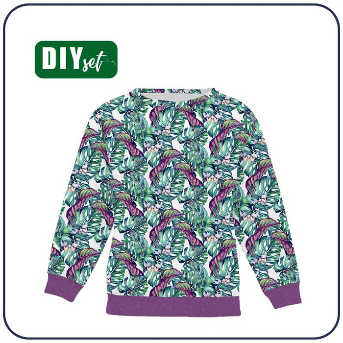 CHILDREN'S (NOE) SWEATSHIRT - MINI LEAVES AND INSECTS PAT. 5 (TROPICAL NATURE) / white - looped knit fabric (146/152)