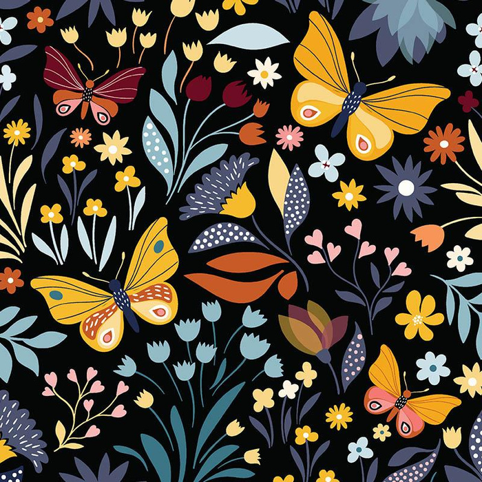 FOLK BUTTERFLIES / black - Cotton woven fabric