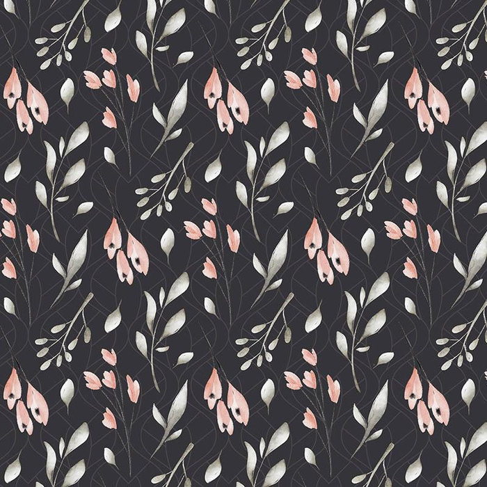 FLOWERS AND LEAVES pat. 2 / graphite  - Waterproof woven fabric