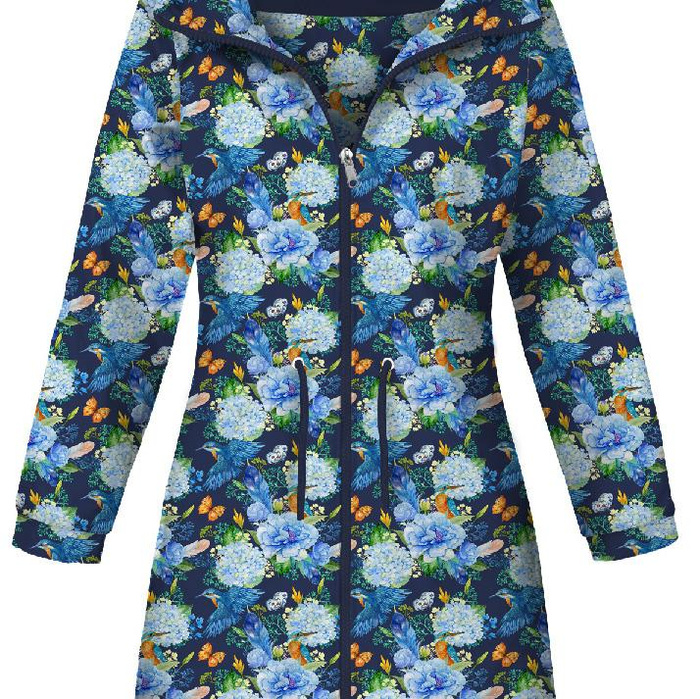 WOMEN'S PARKA (ANNA) - KINGFISHERS AND LILACS (KINGFISHERS IN THE MEADOW) / navy - softshell XL
