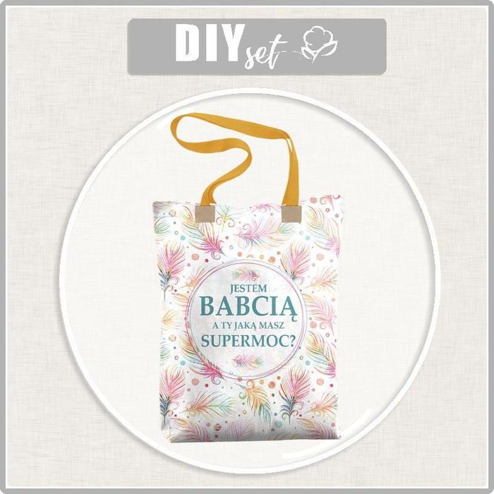 SHOPPER TASCHE - JESTEM BABCIA, A TY JAKĄ MASZ SUPERMOC? / regenbogen federn - Baumwoll Webware - Nähset