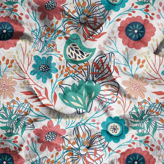 FOLK BIRDS / white - Cotton muslin