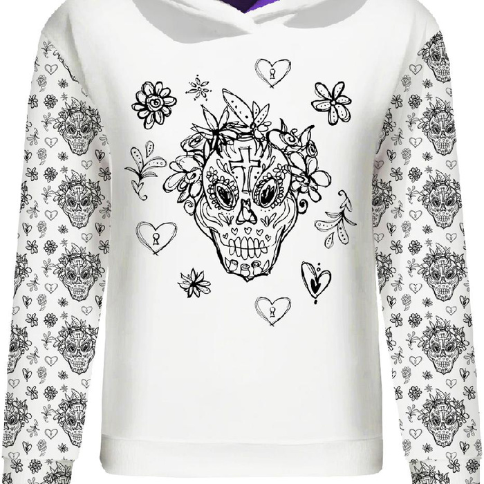 CLASSIC WOMEN’S HOODIE (POLA) - SKULLS CONTOUR pat. 2 (DIA DE LOS MUERTOS) - looped knit fabric 