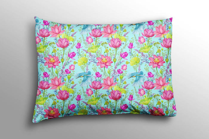 MINI KINGFISHERS AND POPPIES (KINGFISHERS IN THE MEADOW) / aqua - Quick-drying woven fabric