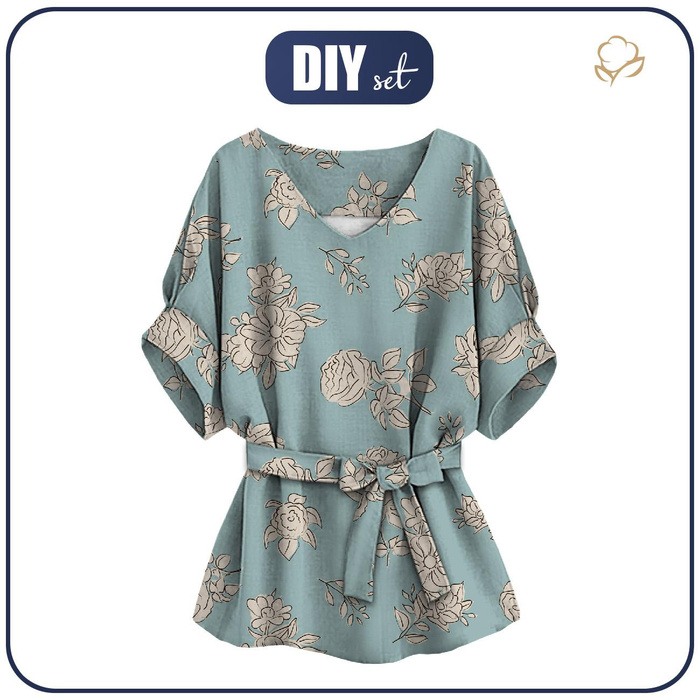 KIMONO HALENKA - BÉŽOVÉ RŮŽE - Sada šití XXL-XXXL