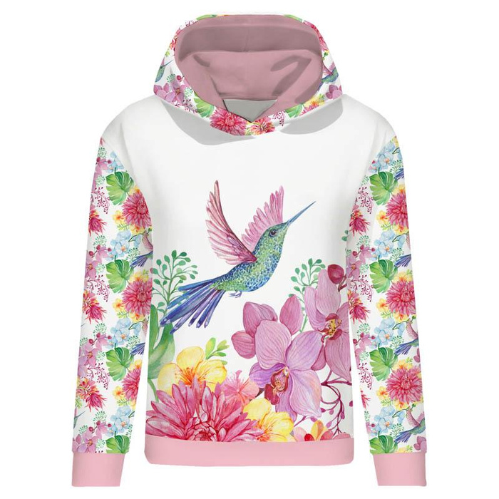 BLUZA DAMSKA (POLA) CLASSIC Z KAPTUREM - KOLIBRY I KWIATY Wz. 2 -  dzianina pętelkowa  XL