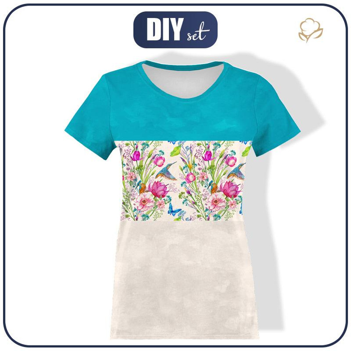 WOMEN’S T-SHIRT - KINGFISHERS (KINGFISHERS IN THE MEADOW) / STRIPES - single jersey M