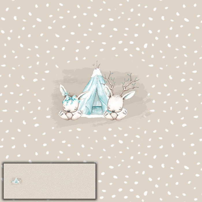 ANIMALS IN TIPI / WHITE TRACES / beige (MAGICAL CHRISTMAS FOREST) - SINGLE JERSEY PANORAMIC PANEL 