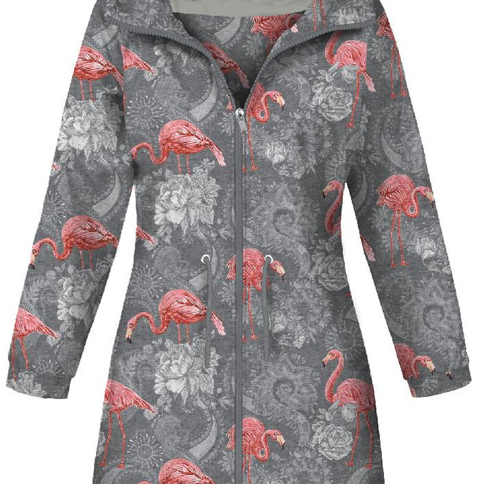 WOMEN'S PARKA (ANNA) - FLAMINGOS AND ROSES / grey - softshell XL