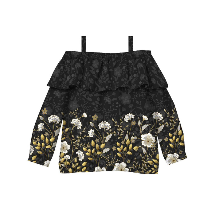 Bardot neckline blouse (VIKI) - FLOWERS (pattern no. 8) / black - sewing set - 146-152
