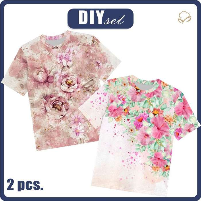 2-PACK - KID’S T-SHIRT - ALCEAS pat. 2 / WATERCOLOR FLOWERS pat. 6 - sewing set (152/158)