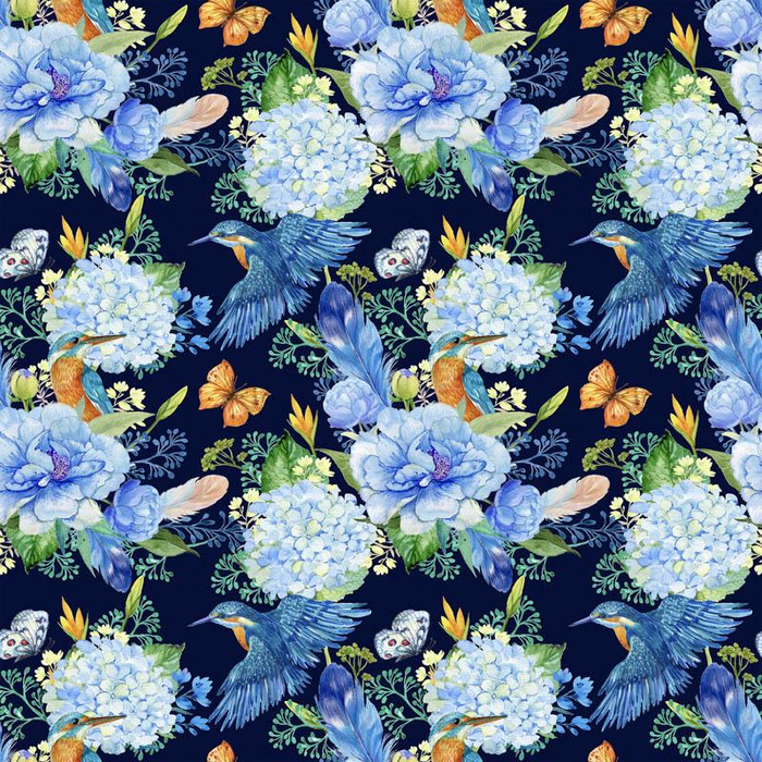 MINI KINGFISHERS AND LILACS (KINGFISHERS IN THE MEADOW) / navy - Cotton woven fabric