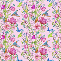 MINI KINGFISHERS AND BUTTERFLIES (KINGFISHERS IN THE MEADOW) / pink - single jersey with elastane