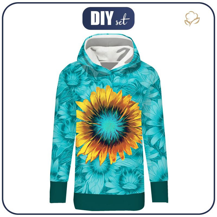 LONG WOMEN’S HOODIE (MEGI) - SUNFLOWERS pat. 3 - looped knit fabric