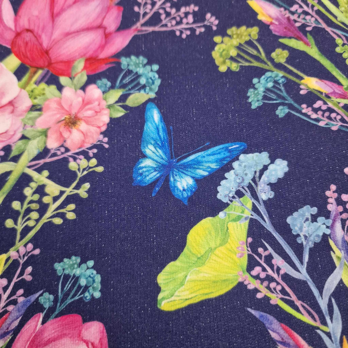 LEDŇÁČEK A MOTÝLI (LEDŇÁČEK NA LOUCE) / tmavomodrý - teplákovina s elastanem