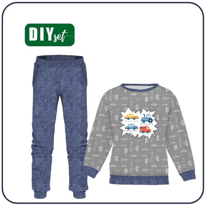 Children's tracksuit (MILAN) - VEHICLES pat. 2 / white (ADVENTURE BEGINS) - looped knit fabric (122/128)