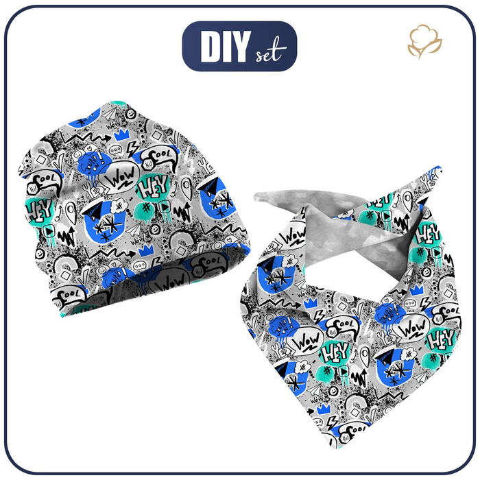 KID'S CAP AND SCARF (CLASSIC) - GRAFFITI / blue (SCHOOL DRAWINGS) 48-50