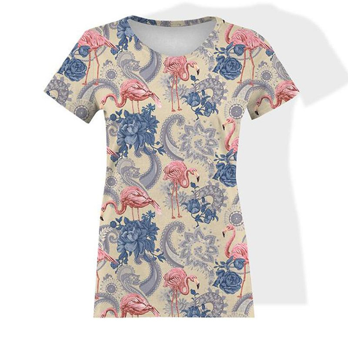 WOMEN’S T-SHIRT - FLAMINGOS AND ROSES / beige - single jersey M