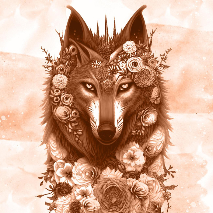 FANTASY WOLF / peach fuzz - panel (75cm x 80cm) Cotton woven fabric