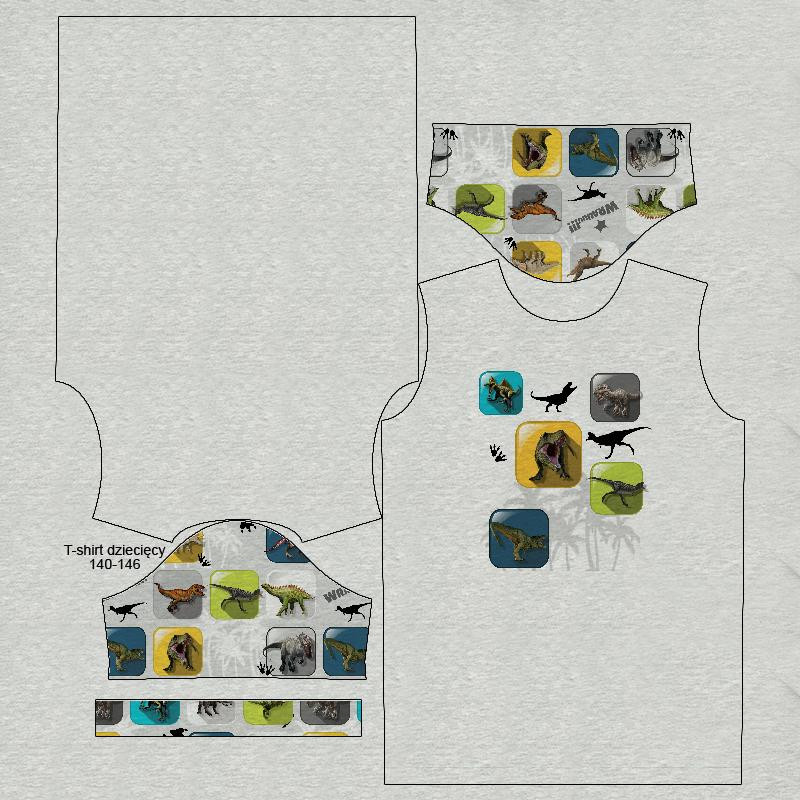 T-SHIRT DZIECIĘCY- KAFELKI DINO WZ. 5/ M-01 melanż jasnoszary- single jersey 