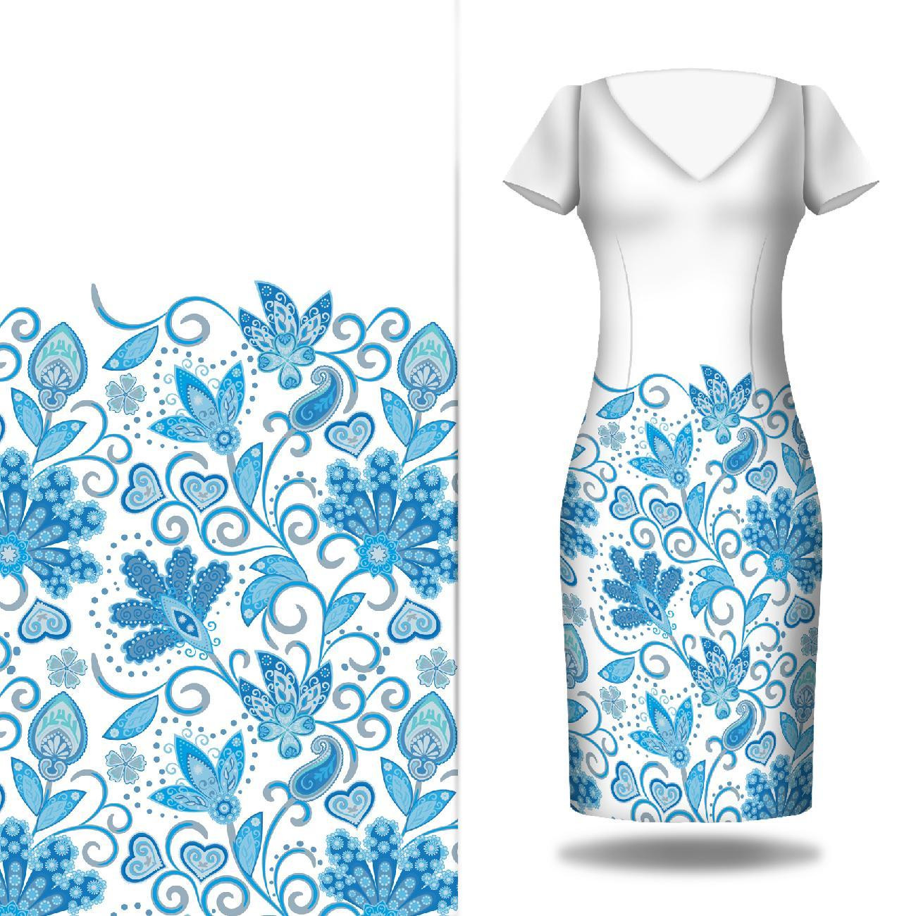 KWIATY (wzór 2 błękitny) / biały - panel sukienkowy krepa