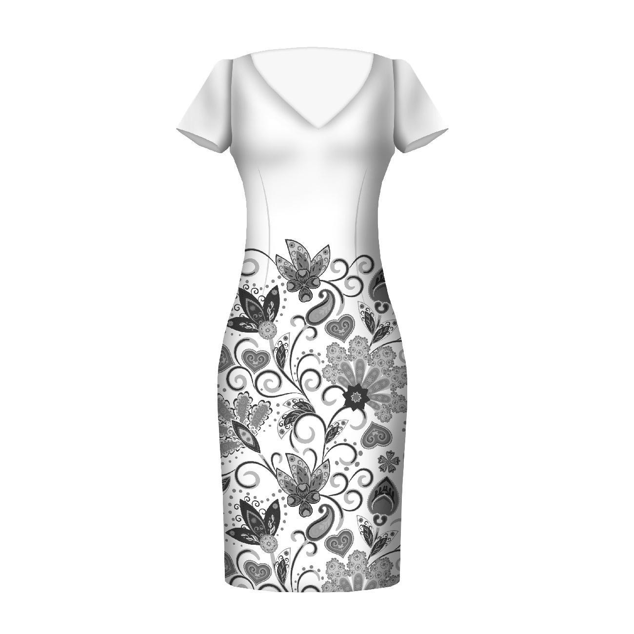 KWIATY (wzór 2 szary) / biały - panel sukienkowy Len 100%