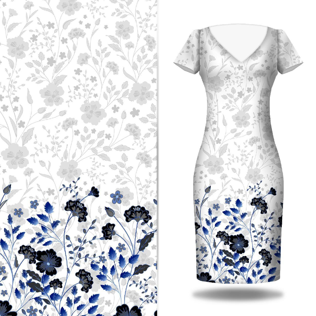 KWIATY (wzór 5 navy) / biały - panel sukienkowy Satyna