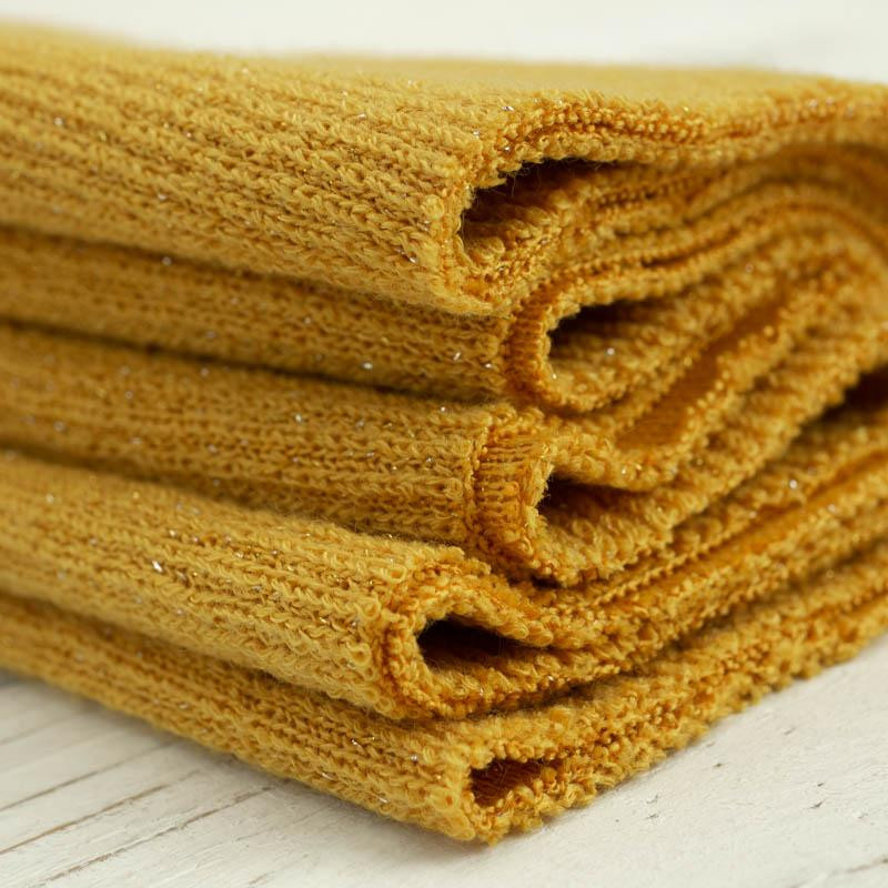 40cm MUSZTARDOWY -  Dzianina swetrowa prążkowana z lureksową nitką