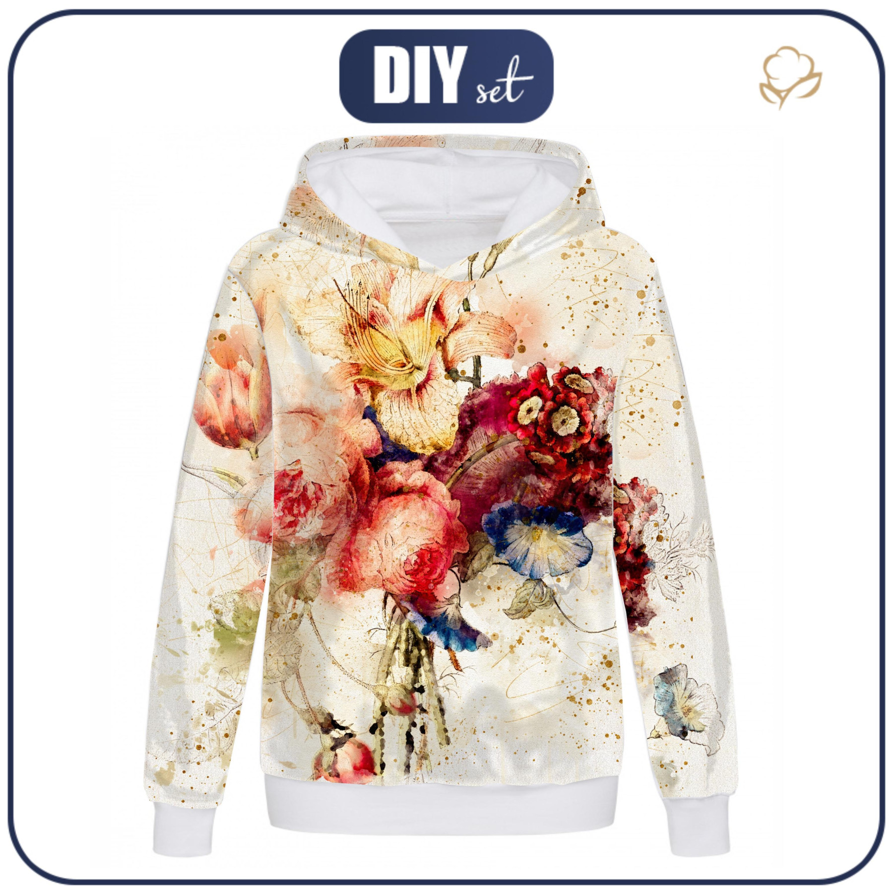 BLUZA DAMSKA (POLA) CLASSIC Z KAPTUREM - WATERCOLOR FLOWERS wz. 5 - dzianina pętelkowa