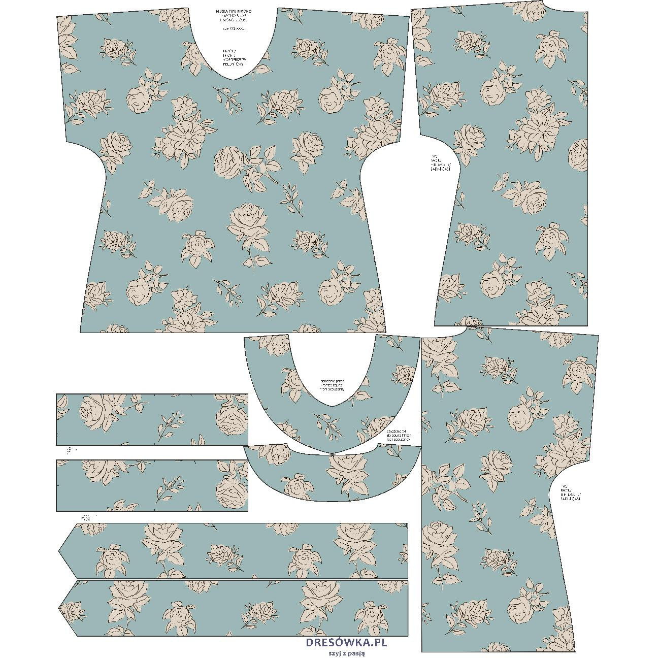 BLUZKA TYPU KIMONO - BEŻOWE RÓŻE - zestaw do uszycia 