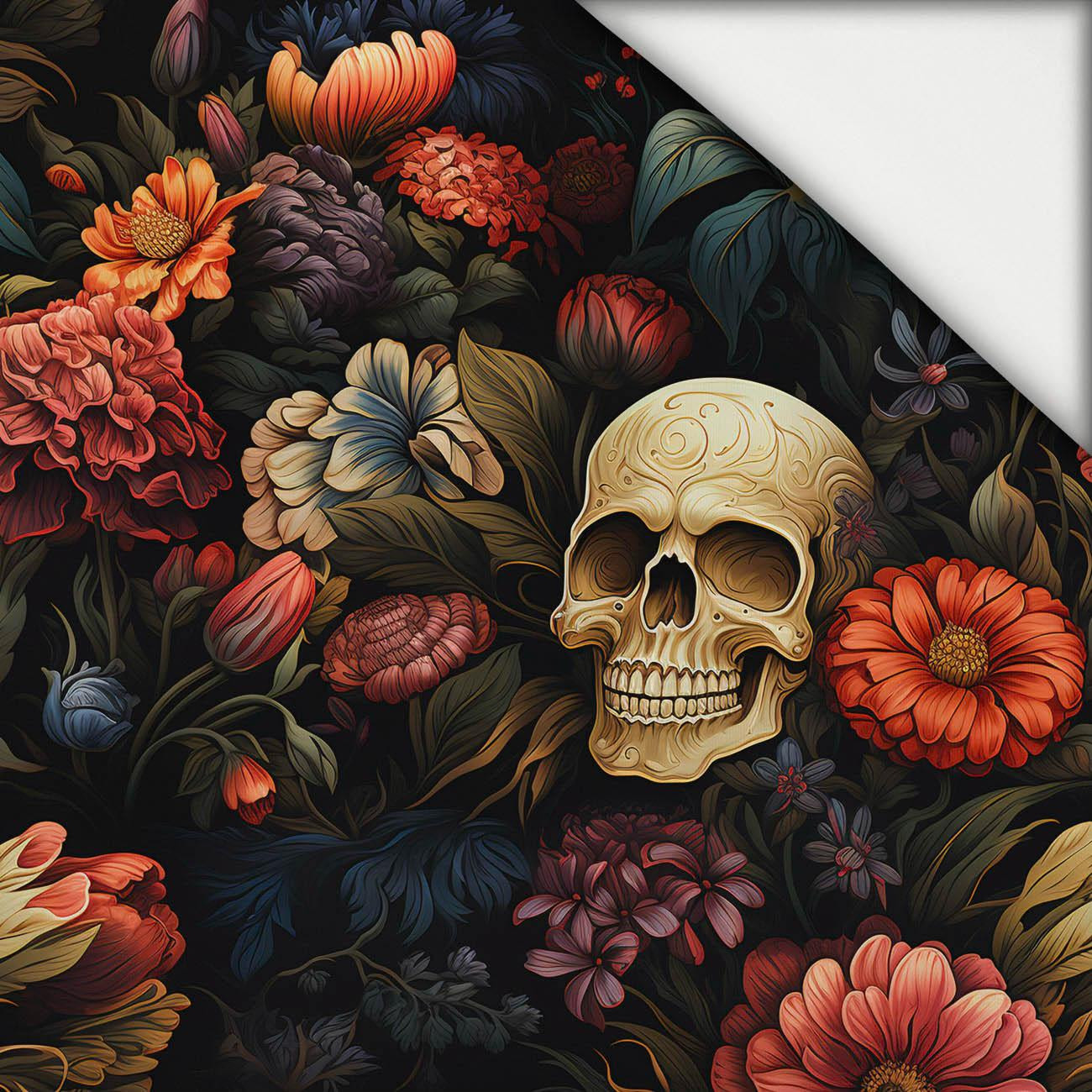 FLOWERS AND SKULL - lekka dzianina drapana