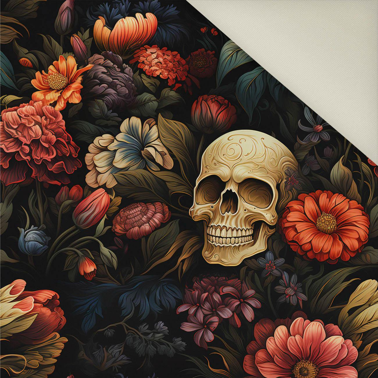 FLOWERS AND SKULL- Welur tapicerski