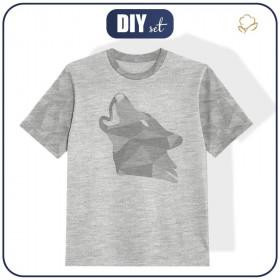 DZIECIĘCY T-SHIRT (92/98) - GEOMETRYCZNY WILK (ADVENTURE)/ M-01 melanż jasnoszary- single jersey 