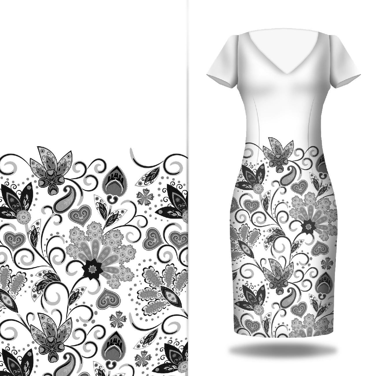KWIATY (wzór 2 szary) / biały - panel sukienkowy krepa