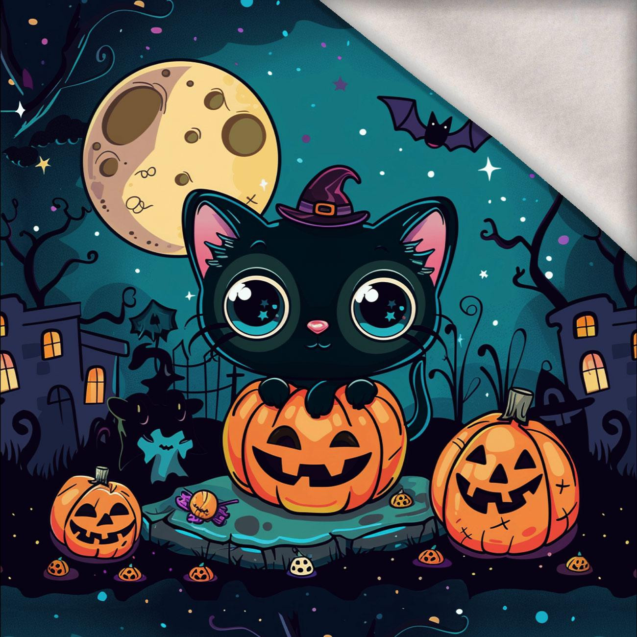 HALLOWEEN CAT MOON - PANEL (60cm x 50cm) dzianina drapana z elastanem ITY