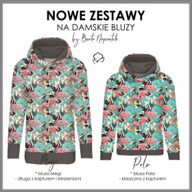 BLUZA DAMSKA (POLA) CLASSIC Z KAPTUREM - KOLIBRY I KWIATY Wz. 2 -  dzianina pętelkowa