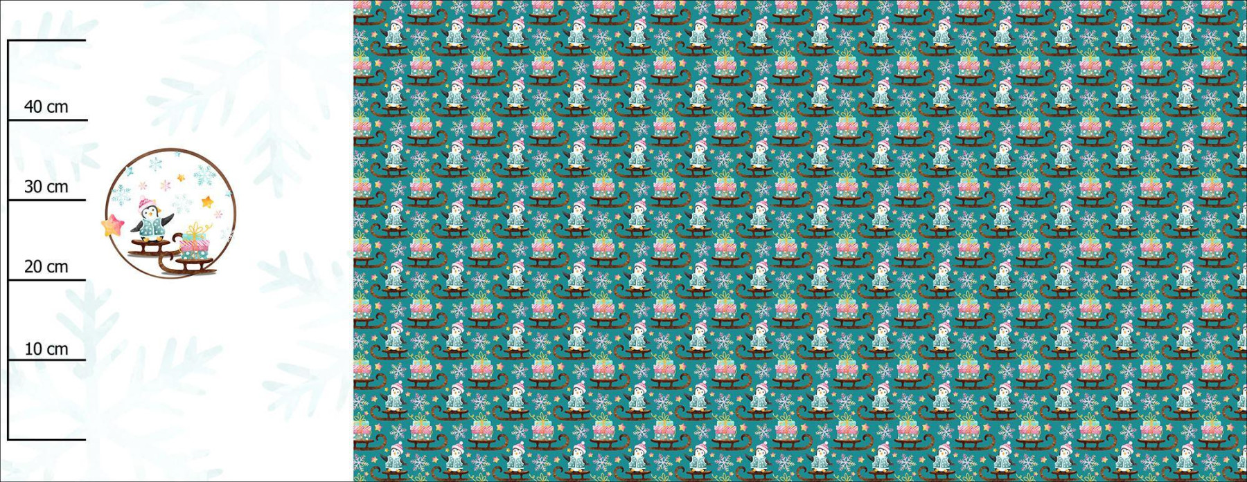 PINGWIN Z PREZENTEM / sanki (ŚWIĄTECZNE PINGWINY) - panel panoramiczny dzianina pętelkowa (60cm x 155cm)