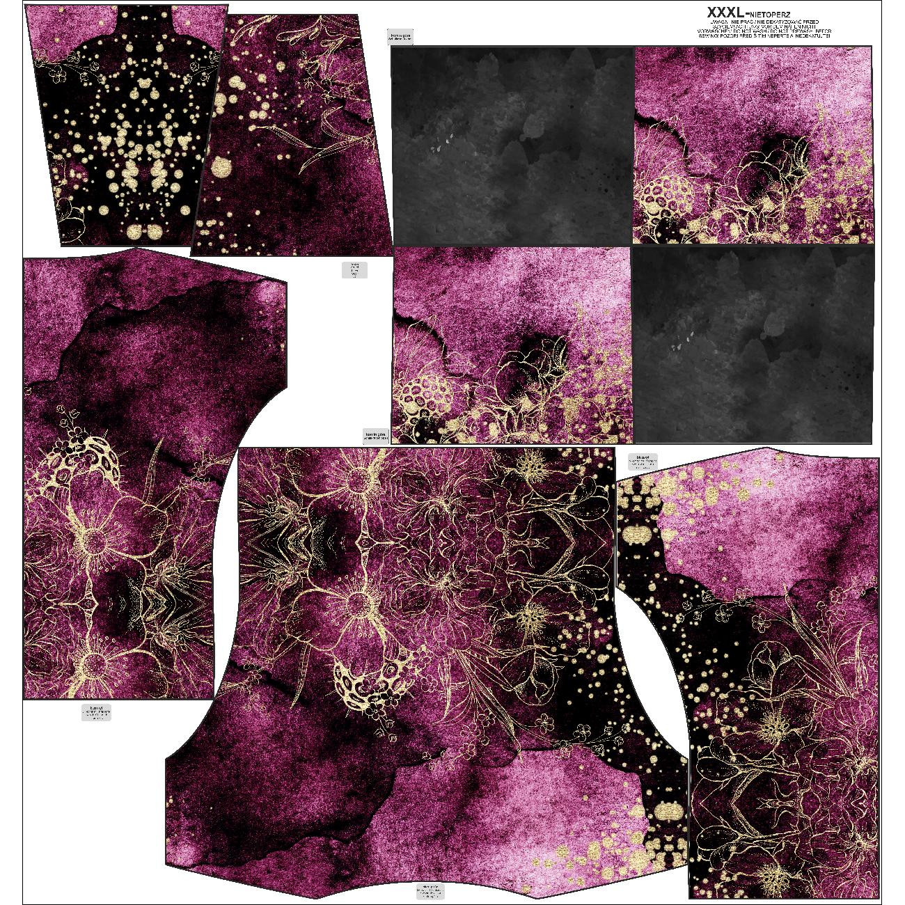 BLUZA DAMSKA (FURIA) NIETOPERZ Z KOMINEM - KWIATY / złoty kontur wz. 1 / AKWARELOWY MARMUR - zestaw do uszycia