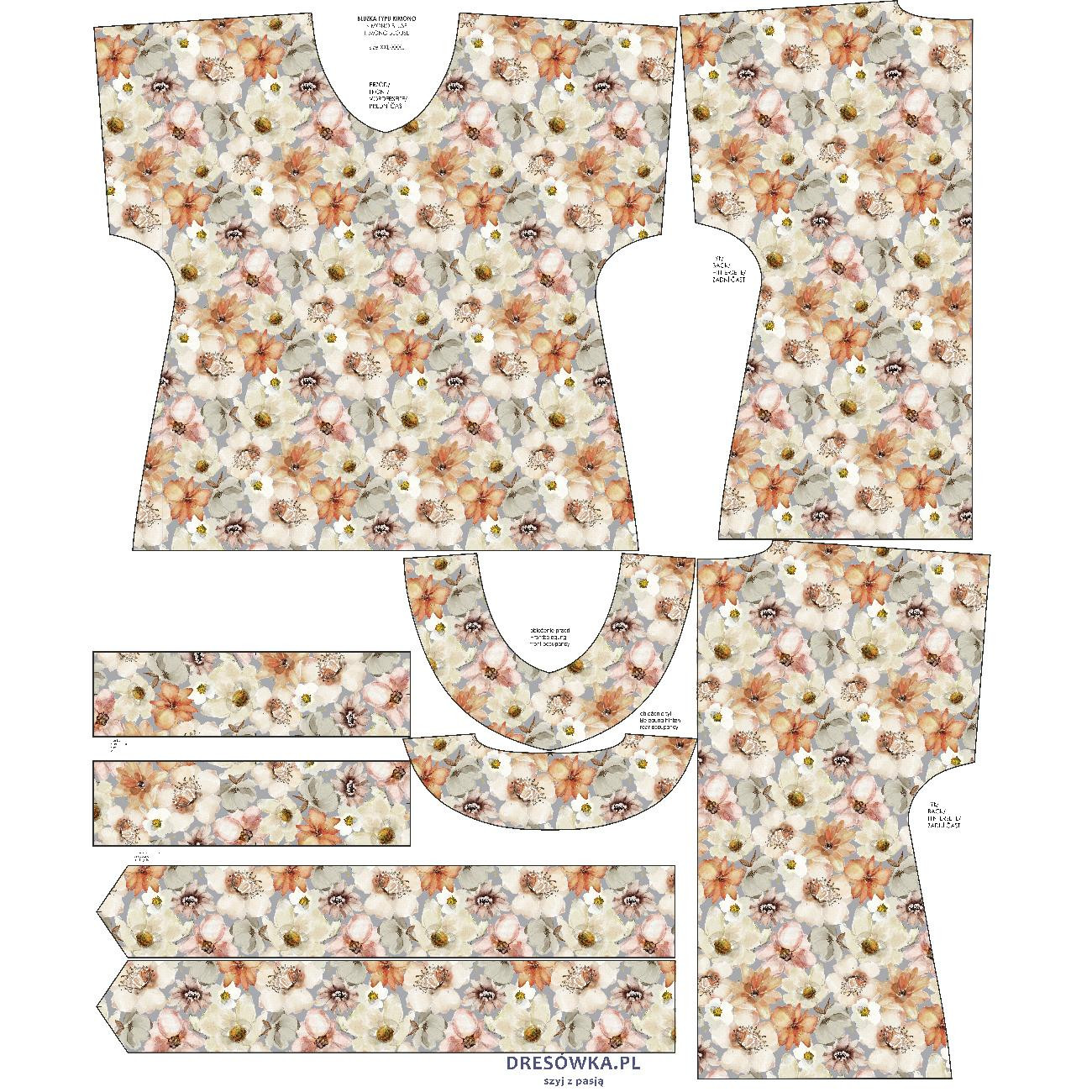 BLUZKA TYPU KIMONO - AKWARELOWE KWIATY wz. 4 - zestaw do uszycia 