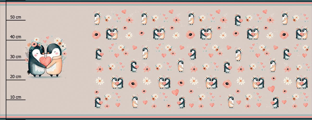 PENGUINS IN LOVE - panel panoramiczny dzianina drapana z elastanem ITY (60cm x 155cm)